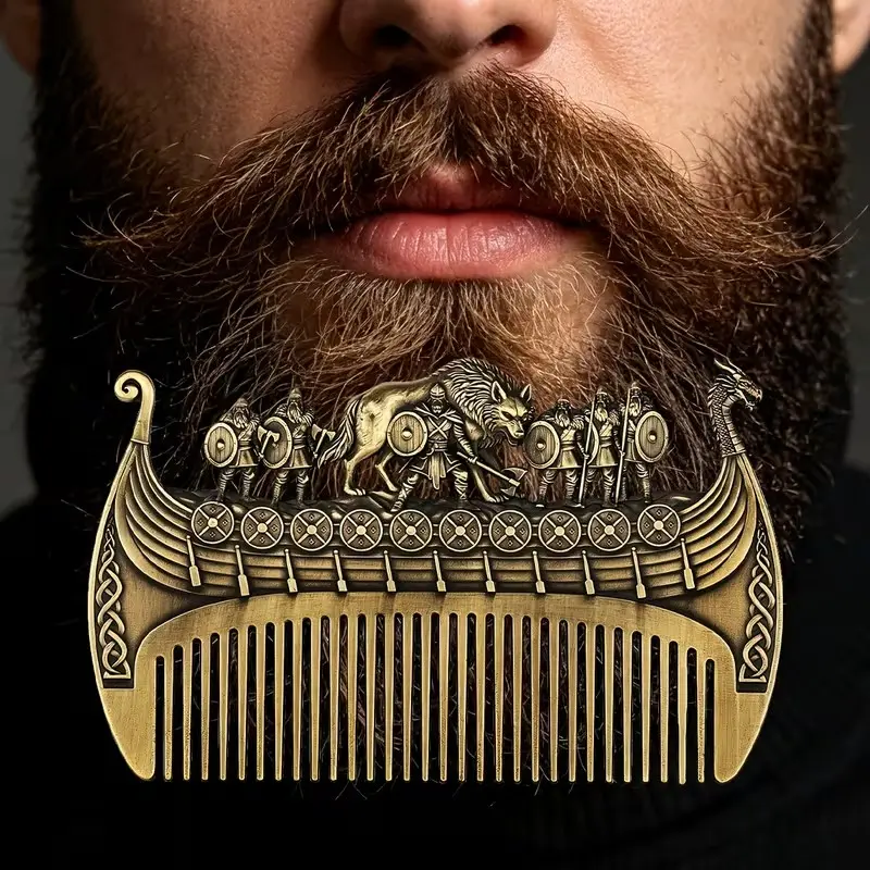 Viking Longship Metal Beard Comb, Men's Mustache Grooming Pocket Comb, Halloween Christmas Father's Day Valentine Birthday Gift for Men