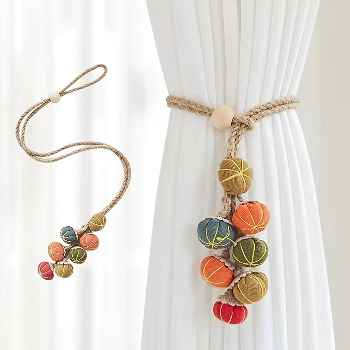 Funny Thanksgiving Pumpkin Decoration String, Handmade Fabric Pumpkin Ball Curtain Tie, Vintage Hemp Rope + Wooden Bead, Living Room Decor