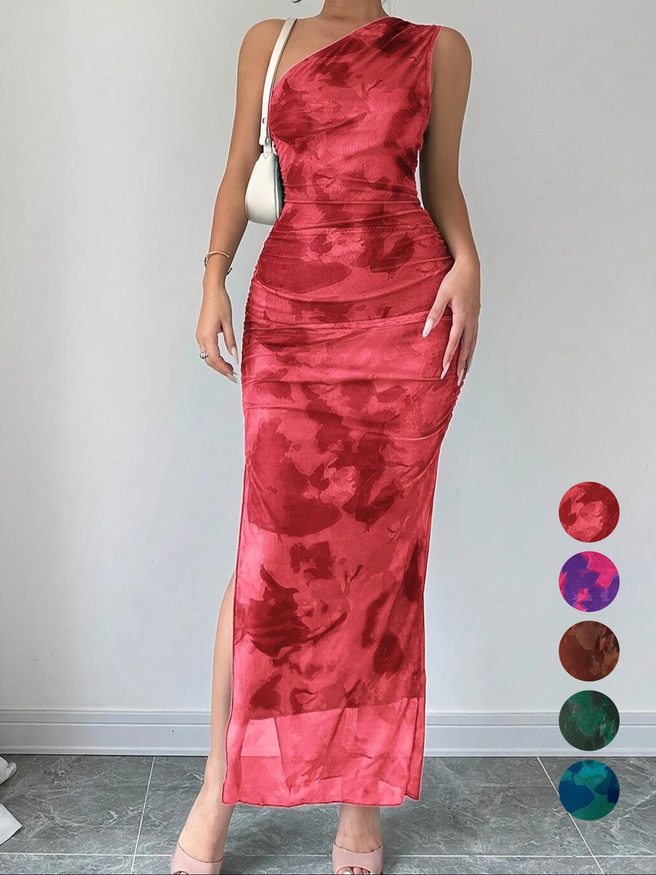 Women's Graphic Print Asymmetrical Neck  Dress, Elegant Sleeveless Split  Dress for Party Holiday Wedding Guest, Ladies Summer Clothes