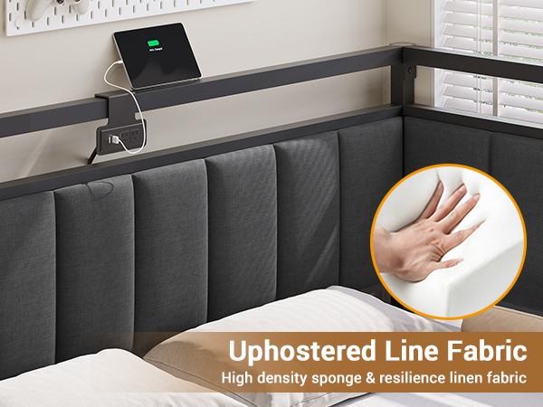 Hasuit Corner Bed Frame with Storage Drawers, Twin Daybed with Line Fabric Upholstered Fence, Kids Bed Unit with LED Light and Charging Station, Modern Bed Frame Twin Size