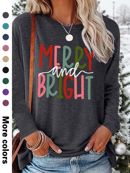 Women's Christmas Casual Letter Print Round Neck Long Sleeve T-Shirt, Comfortable Fabric, Available in 9 Colors, All Seasons Wear