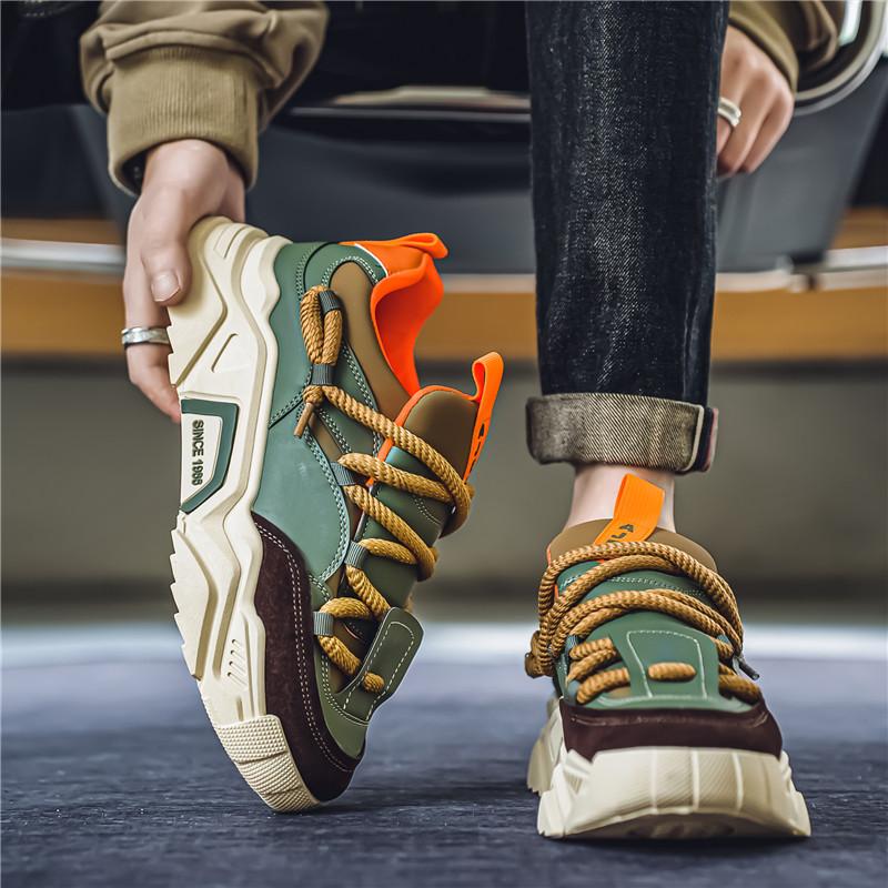 Low-top round toe lace-up casual men's shoes with color-blocking design, available in green and black. Versatile and comfortable running shoes suitable for all seasons, ideal for daily wear, sports and hiking.