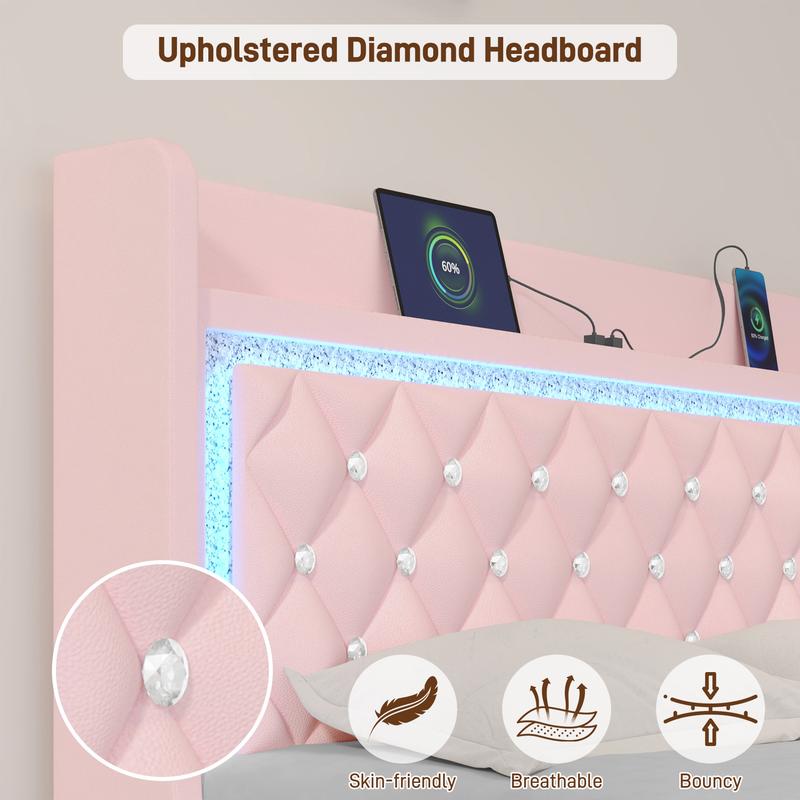 Floating Twin/Full/Queen Bed Frame with LED Light, Upholstered Platform Twin Bed with Charging Station & Wingback, Diamond Tufted Storage Headboard & Footboard, PU Leather, No Box Spring Needed, White/Pink