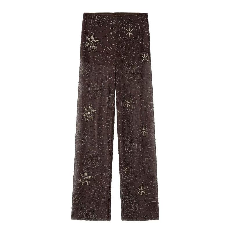 Women's Summer Beaded Sequined Pants Baggy Streetwear Wide Leg Pants Woman Fashion Office Casual Bottoms High Waist Pants Fluid Trousers Bohemian Boho Trousers Boho Festival Trousers