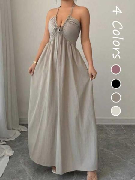 Women's A-Line Dress with Adjustable Straps, Stylish Lace-Up Detail for Summer, Casual Elegant Fashion for Women