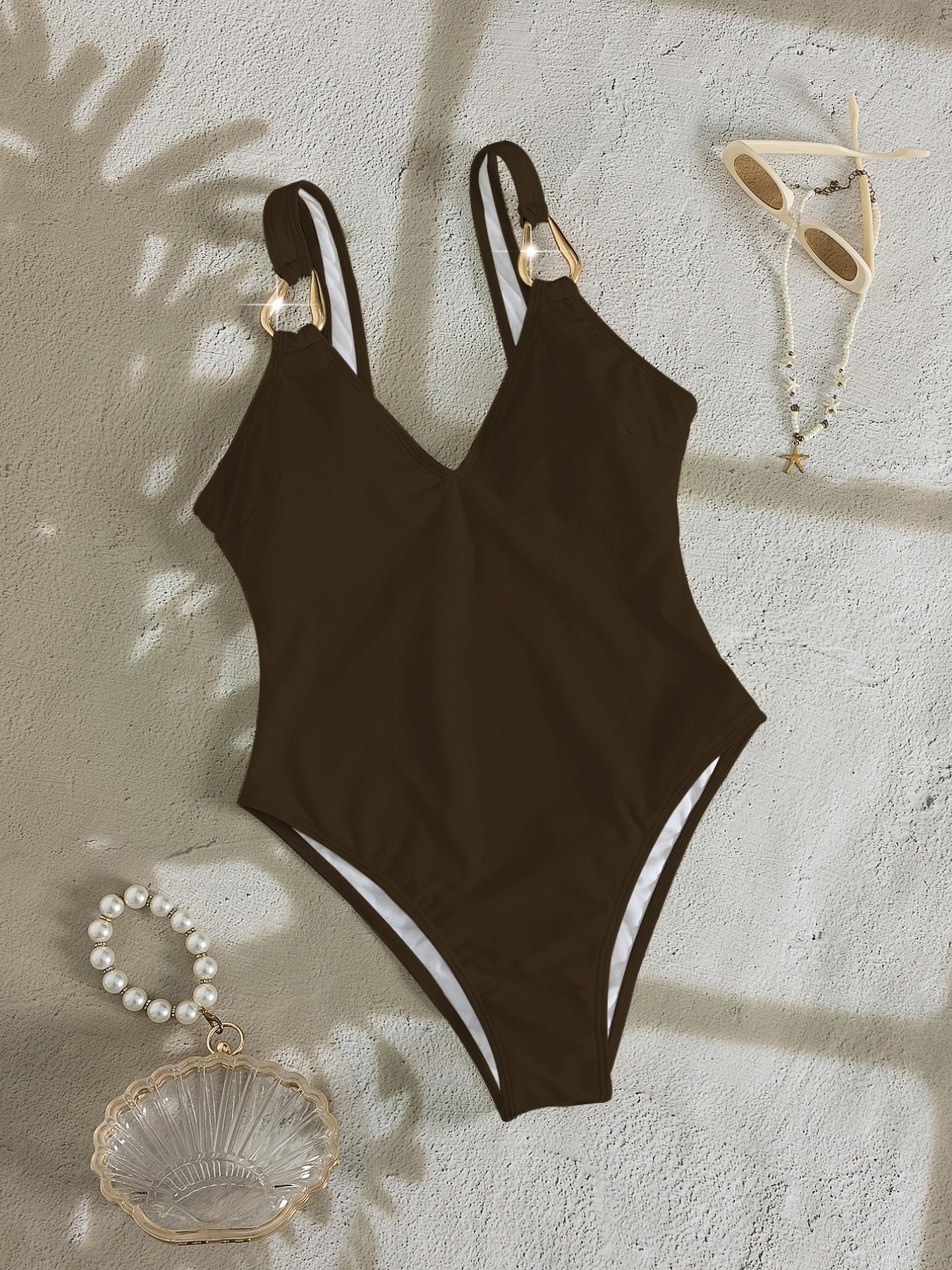 26 years spring/summer new women's solid color bra one-piece swimsuit, Tummy control swimsuit, with adjustable shoulder strap design, equipped with decorative metal buttons, retro beach holiday outfit, suitable for pool party, seaside vacation