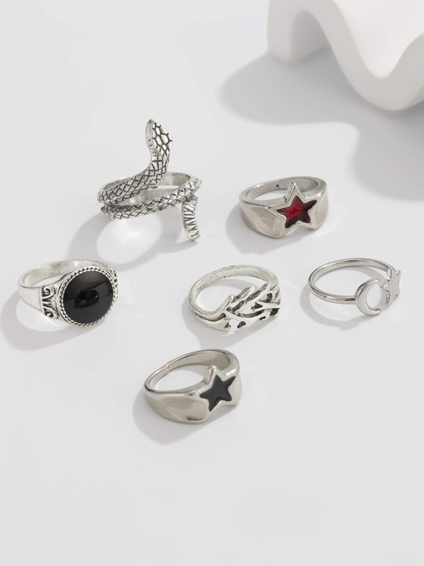 Men's Punk Style Silver Color Snake Ring Set, Statement Multi Ring, 6 Piece Vintage Jewelry Gift Box, All Season Party Daily Wear Accessories