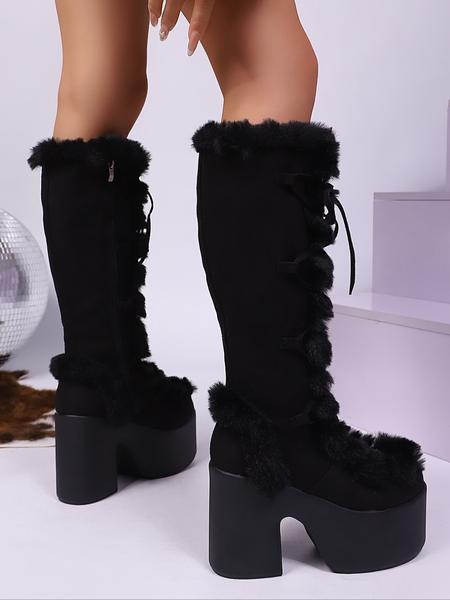 Women's New Style Solid Color Elastic Velvet Thick Sole Chunky Heel High Heels over Knee Long Boots Winter Warm Boots, Fashionable Ladies Footwear