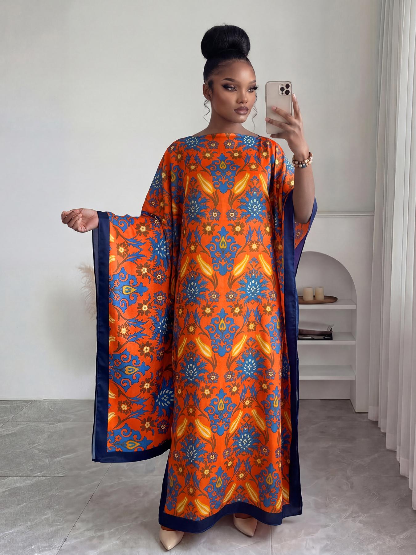 Elegant Fashion Full-Print Robe Set, Moo Moo Printed Loose Long Dress with Scarf, Shawl, Women's Beach Sun Protection Casual Outfit