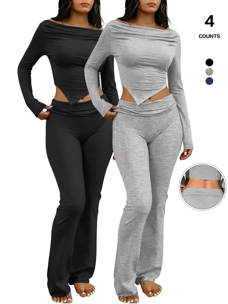 Women's Two-Piece Casual Set, Long-Sleeved Draped Neckline, Off-The-Shoulder Crop Top, Asymmetrical Hem, Flared Trousers, Everyday Wear