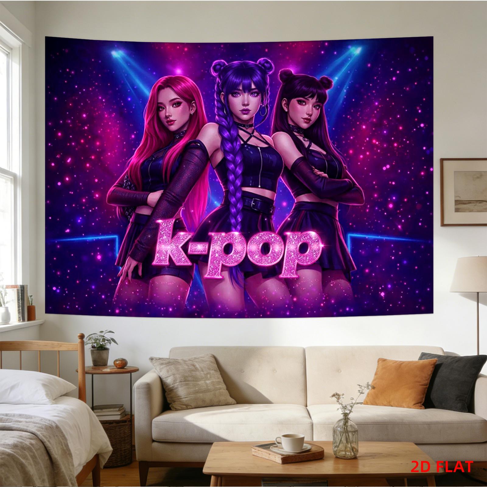 Two-dimensional plane pattern printed tapestry - Korean pop idol group, music ensemble, bright colors, purple background, performance scene, room wall decoration,suitable for living roomoffice,party decoration funny decorative tapestry durable man