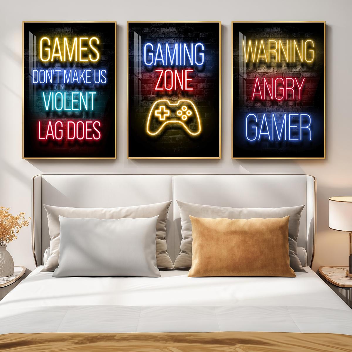 3 Counts Aluminum Alloy Framed Painting, Neon Gaming Zone Poster With Game Controller Wall Art, Home Decoration For Living Room, Bedroom, Office, Restaurant, Hallway Wall Decor, Odorless Print Artwork, Luxury Perfect Gift For Friends And Family