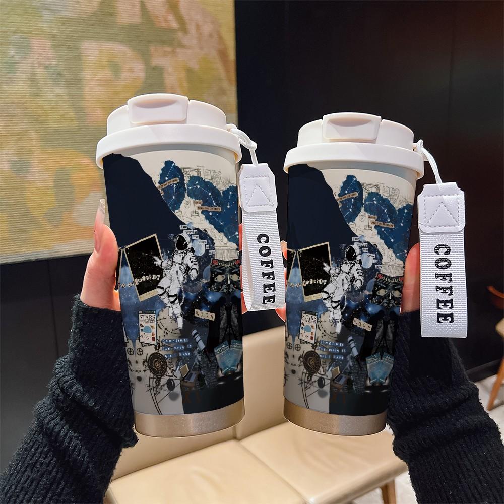 Abstract Astronaut Texture Coffee Cup, Portable Dual Drink Insulated Tumbler, Keeps Hot/cold, Boho Style, Ideal for Office, Travel, Sports