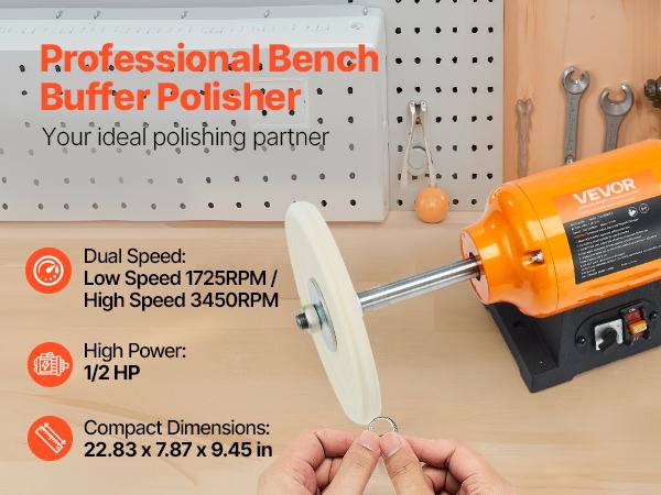 VEVOR 1/2HP Bench Buffer Polisher, 8-inch Bench Polishing Buffing Machine, 1725RPM/3450RPM Dual Speed Benchtop Polisher with 2PCS Cotton Wheels Cast Iron Base for Metal, Jewelry, Wood Polishing VEVOR 1/2HP Bench Buffer Polisher, 8-inch Bench Polishing Buffing Machine, 1725RPM/3450RPM Dual Speed Benchtop Polisher with 2PCS Cotton Wheels Cast Iron Base for Metal, Jewelry, Wood Polishing