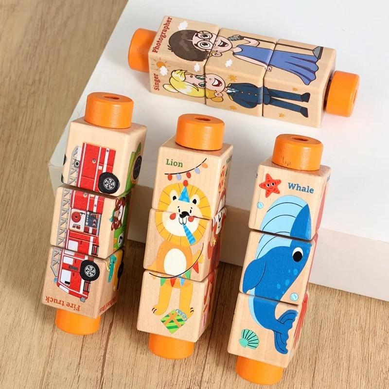Wooden Children Rotating Match Block Puzzle Logic Thinking Kindergarten Educational Toy, Cognitive Development Early Learning