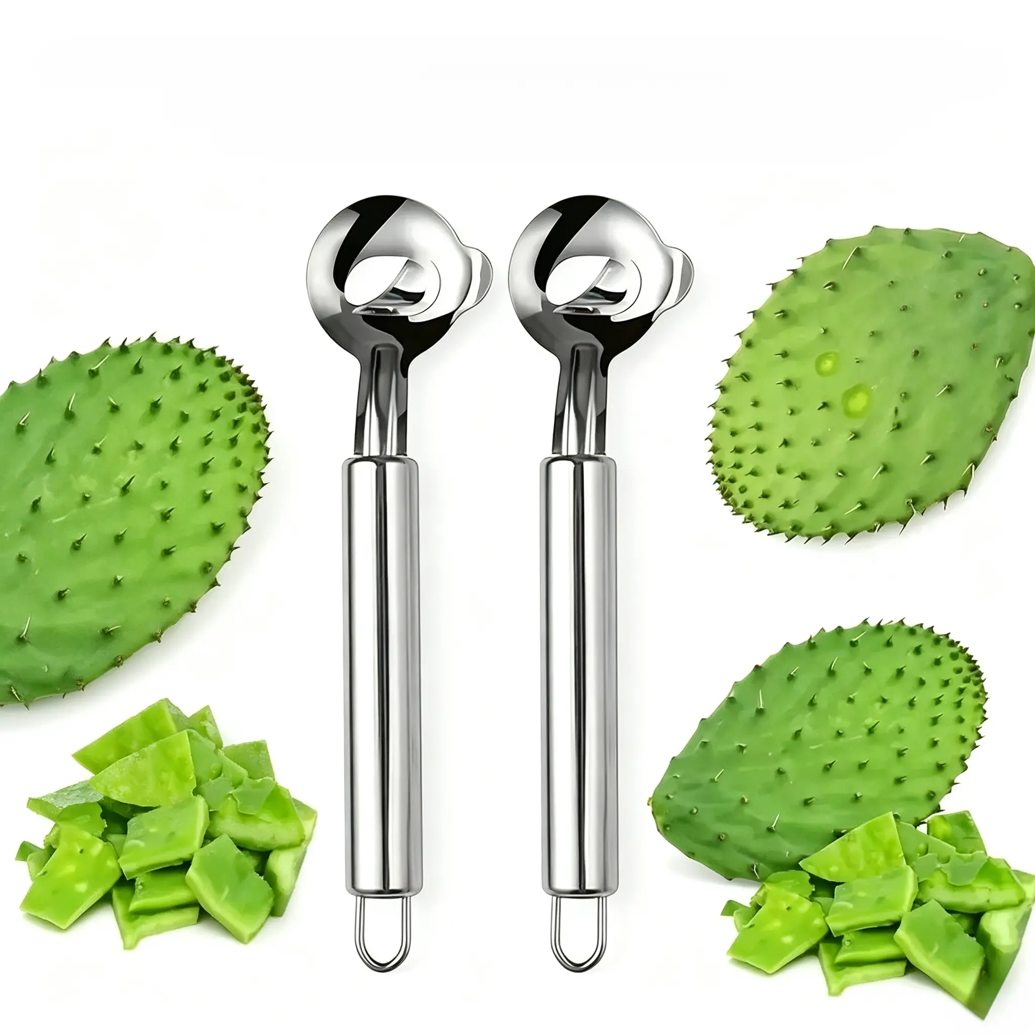 2-Piece Stainless Steel Cactus Peeler Tool Set, Multi-Purpose Nopales Peeler, Noodle Cutter & Scoop, Ergonomic Easy-Grip Handles, Dishwasher Safe Kitchen Gadget
