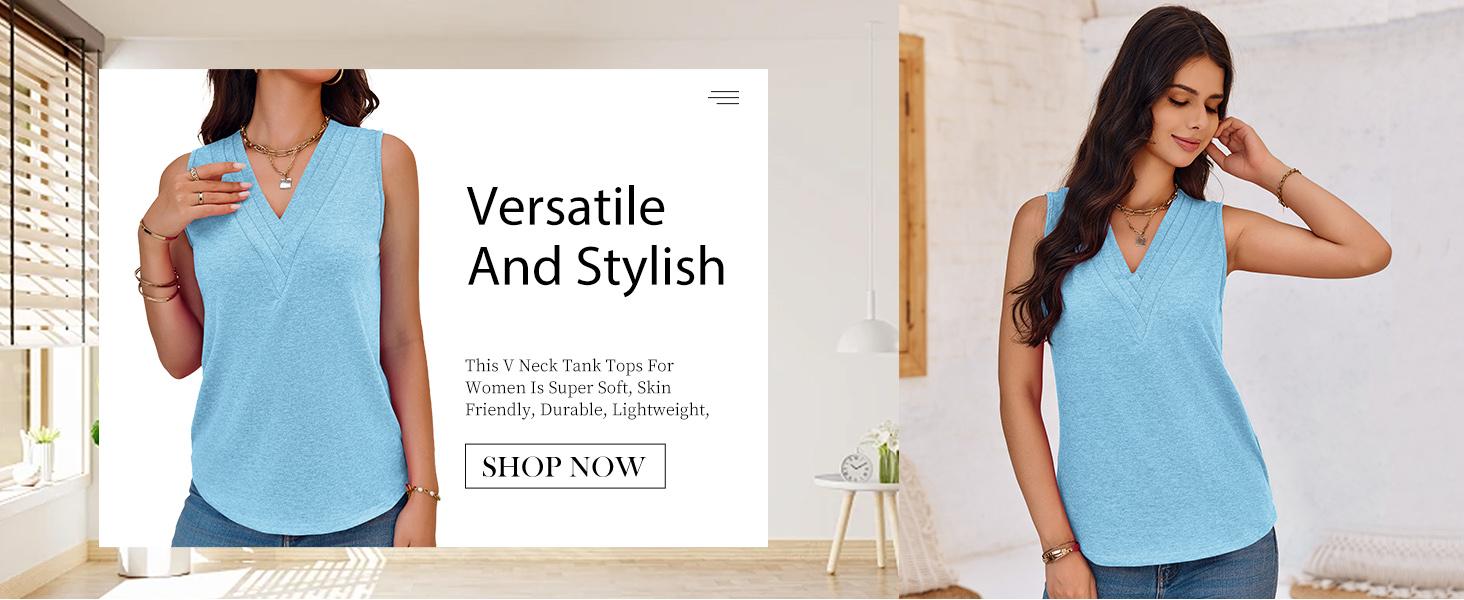 Cicy Bell  Women V Neck Tank Tops Dressy Casual Summer Loose Fit Sleeveless Shirts Blouse Comfy Womenswear Soft Basic