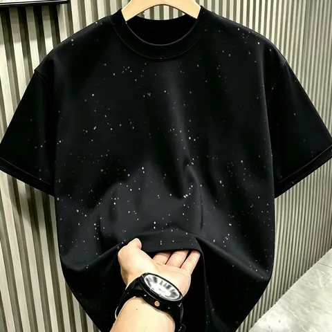 New Men's Short Sleeve T-Shirt, Round Neck, Loose Plain Long Top Menswear, Casual Style Tee, Fashion Starry Sky Reflective Design, Sparkling Like a Starry Sky, Shiny, Essential Outerwear Item, Casual Loose Tee