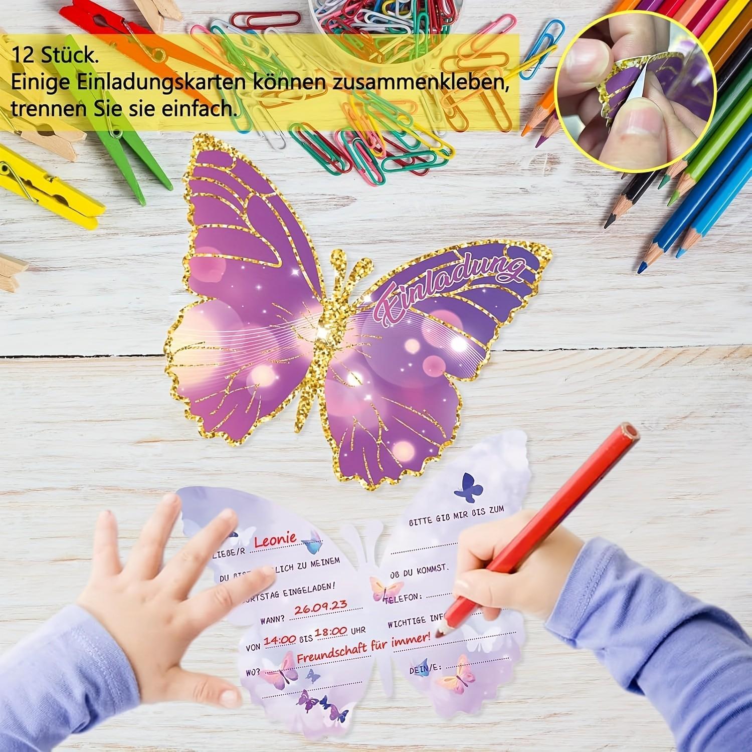 12 Birthday Invitations for Kids Party, Butterfly Design Cards, Perfect for Boys & Girls, Size 12x10cm, Ideal for Children Birthdays