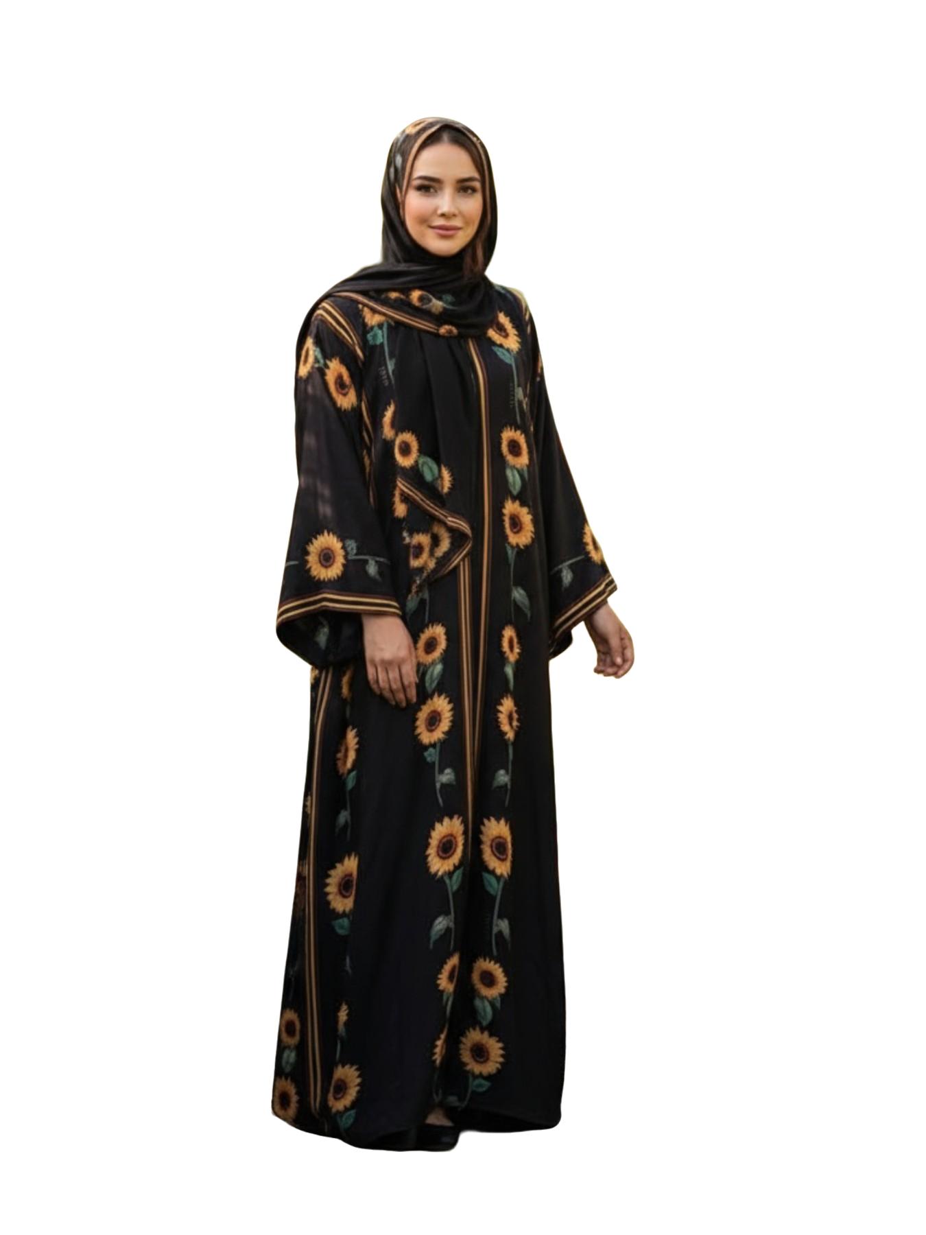 Women's Floral Print Long Sleeve Abaya Set with Hijab, Elegant Casual Islamic Clothing for Daily Wear, Suitable for All Seasons