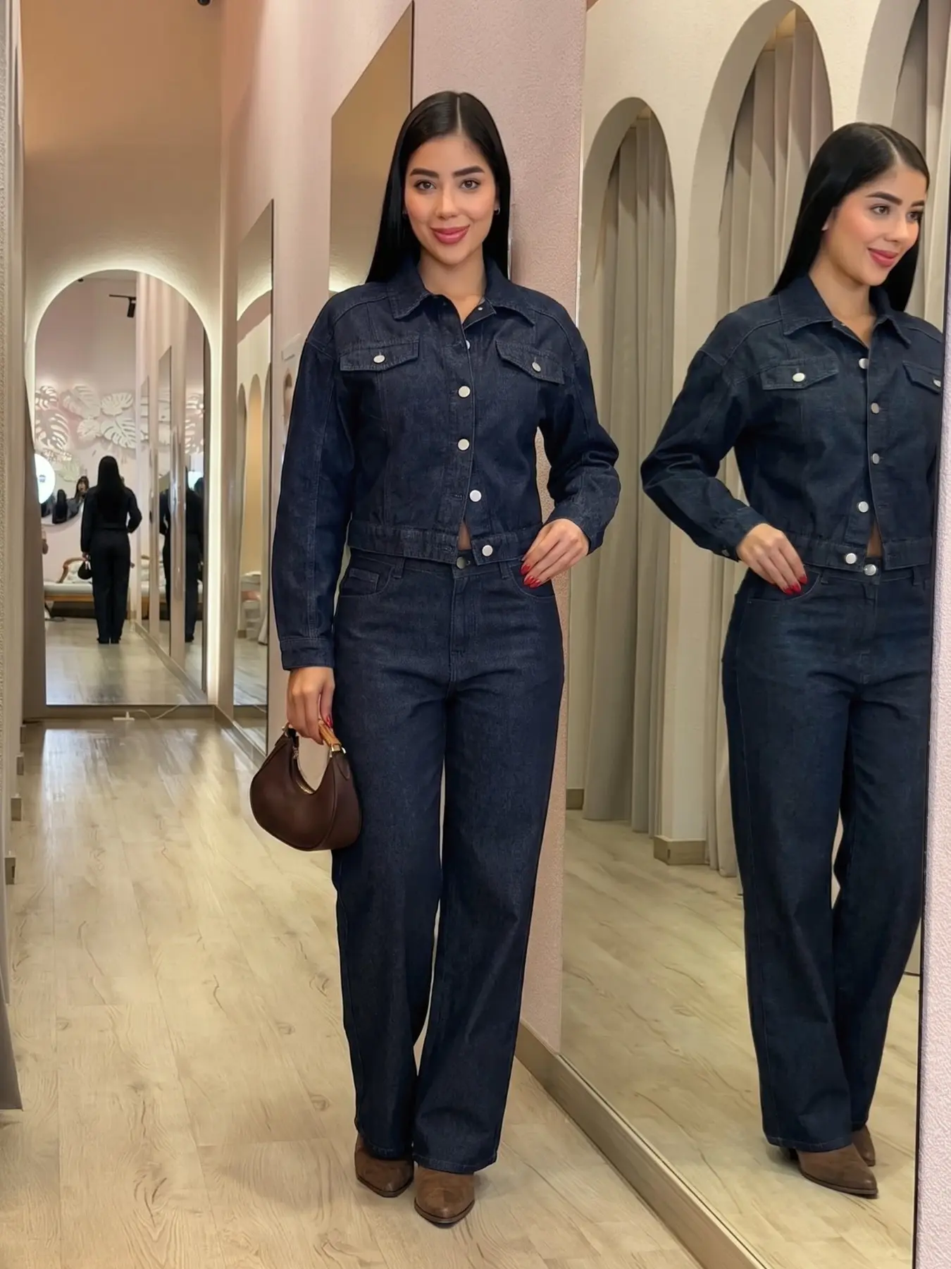 Women's Vintage Two-Piece Set, Dark Wash Short Jean Jacket and Wide Leg Pants, Casual Loose-Fit for All Seasons