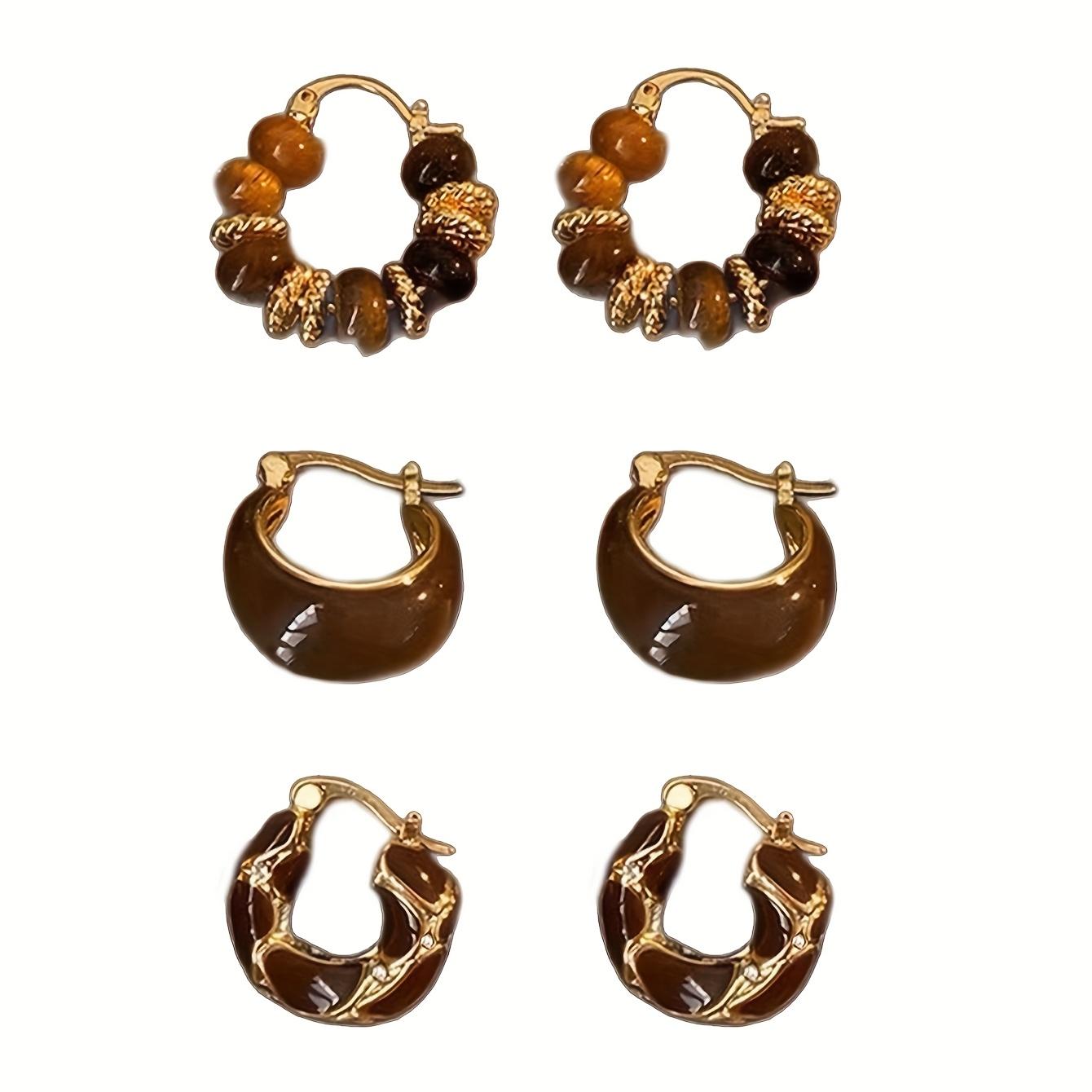 Women's Geometric Design Amber Beaded Earrings Set - Retro Elegant High-End, Suitable for Daily, Party Wear