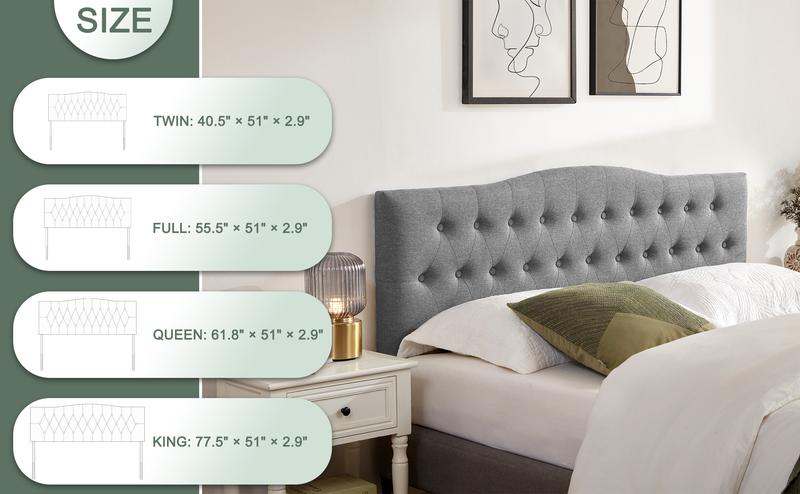 Tufted Upholstered Headboard Twin/Full/Queen/King Size, Sturdy and Durable Solid Wood Bed headboard, Fabric Headboard Adjustable Height from 37” to 51”, Modern Button Diamond Design Head Board