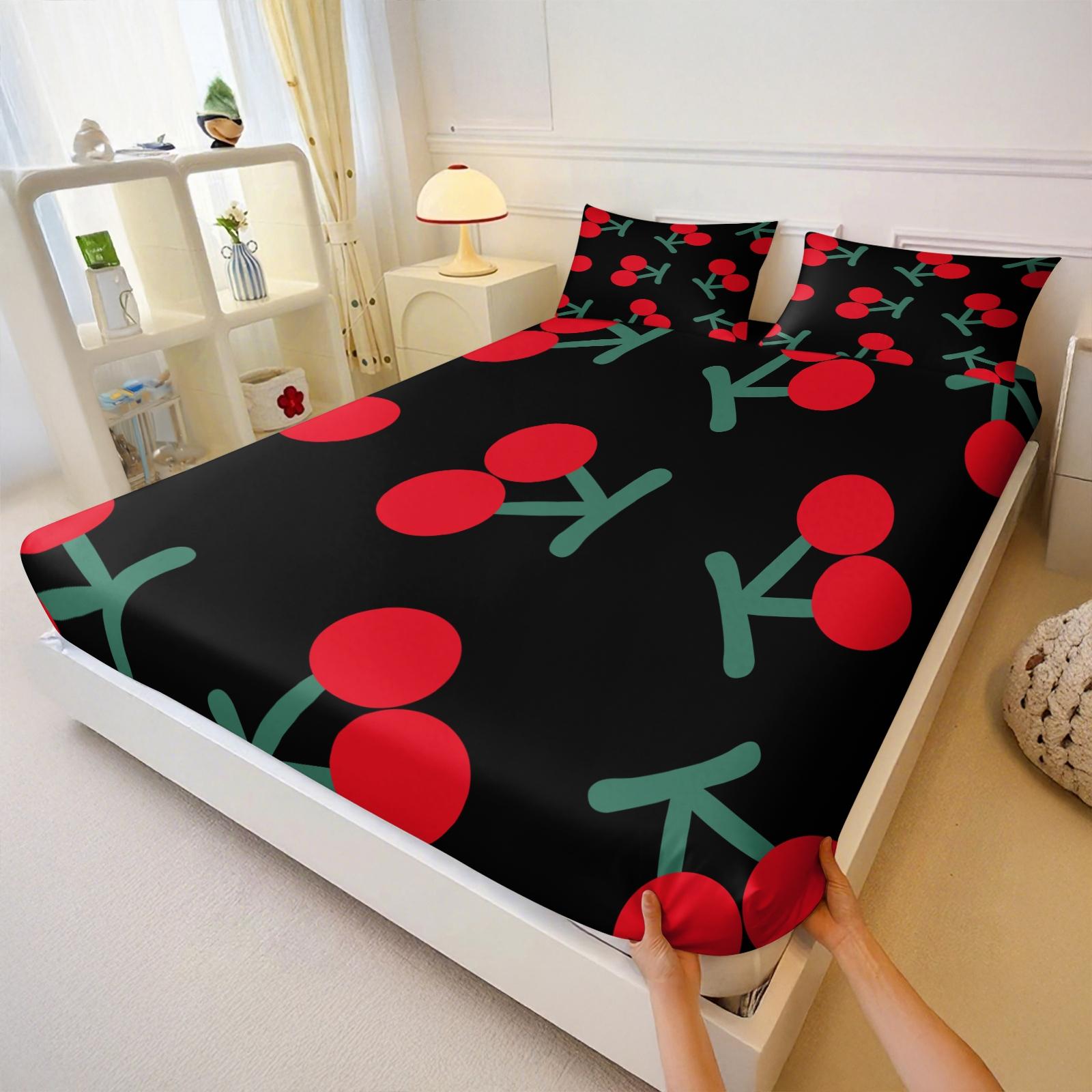 3 Pcs Compact Cherry Pattern Printed Bed Sheet Set,Includes 1 Fitted Sheet & 2 Pillowcases without Filler,Cute and charming design, soft and comfortable, suitable for all seasons,A perfect gift for children and teenagers, multiple styles available.