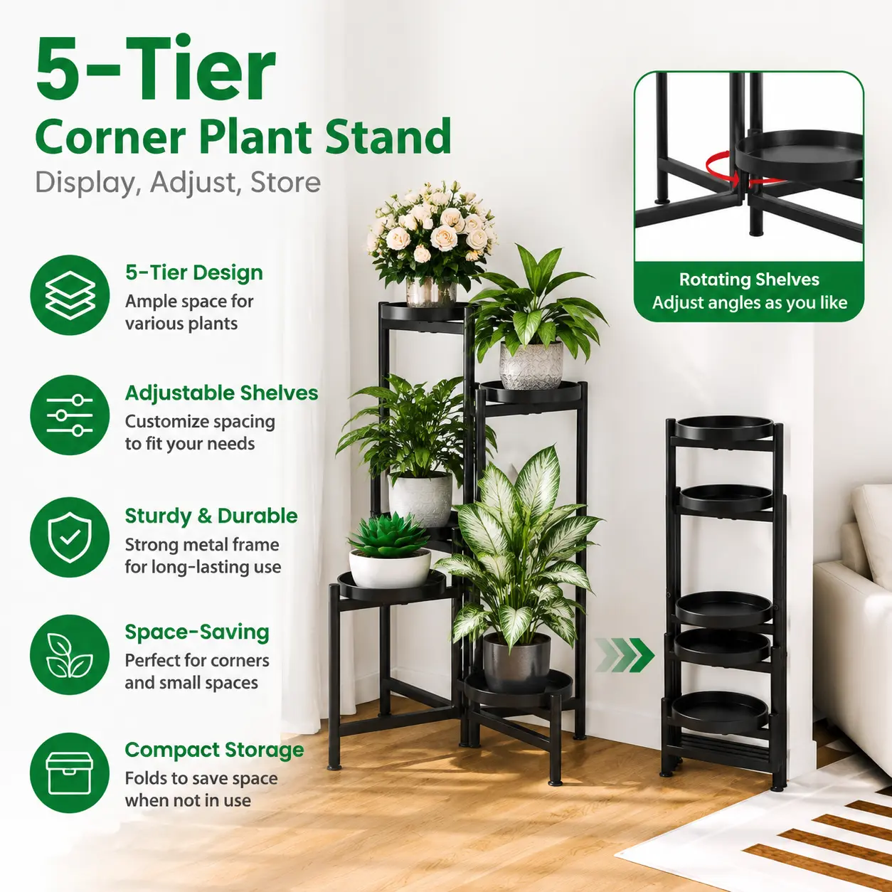 Foldable Metal Plant Stand - Multi-Tier Corner Shelf for Indoor& Outdoor Flower Display, Balcony, Living Room, Garden