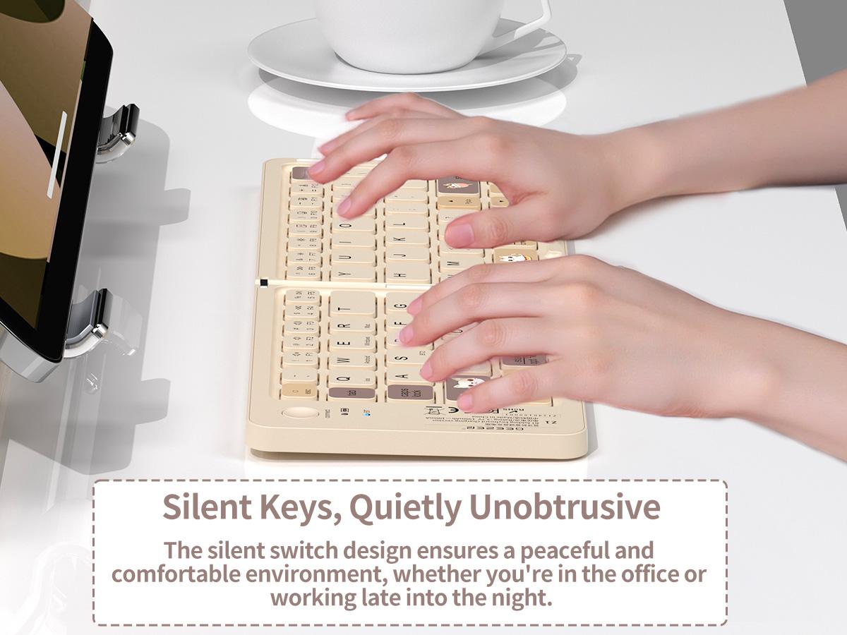 Mofii Foldable Bluetooth Keyboard, Compact & Portable Cat Design, Cartoon Theme, Milk Tea Color, Multi-Device Compatible, US QWERTY Layout, Folding Wireless Keyboard