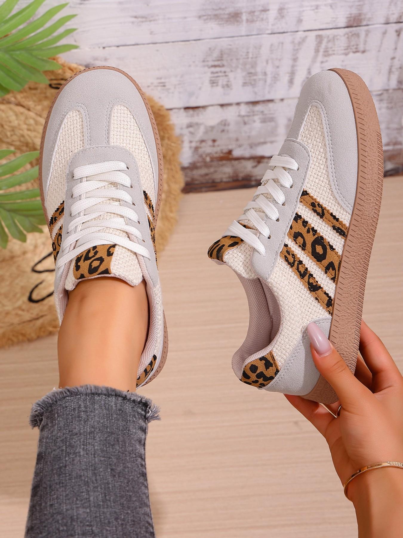 Leopard Print Patchwork Training Shoes, Vintage Three Stripe Casual Agony Shoes, Versatile Women's Footwear, Trendy and Comfortable