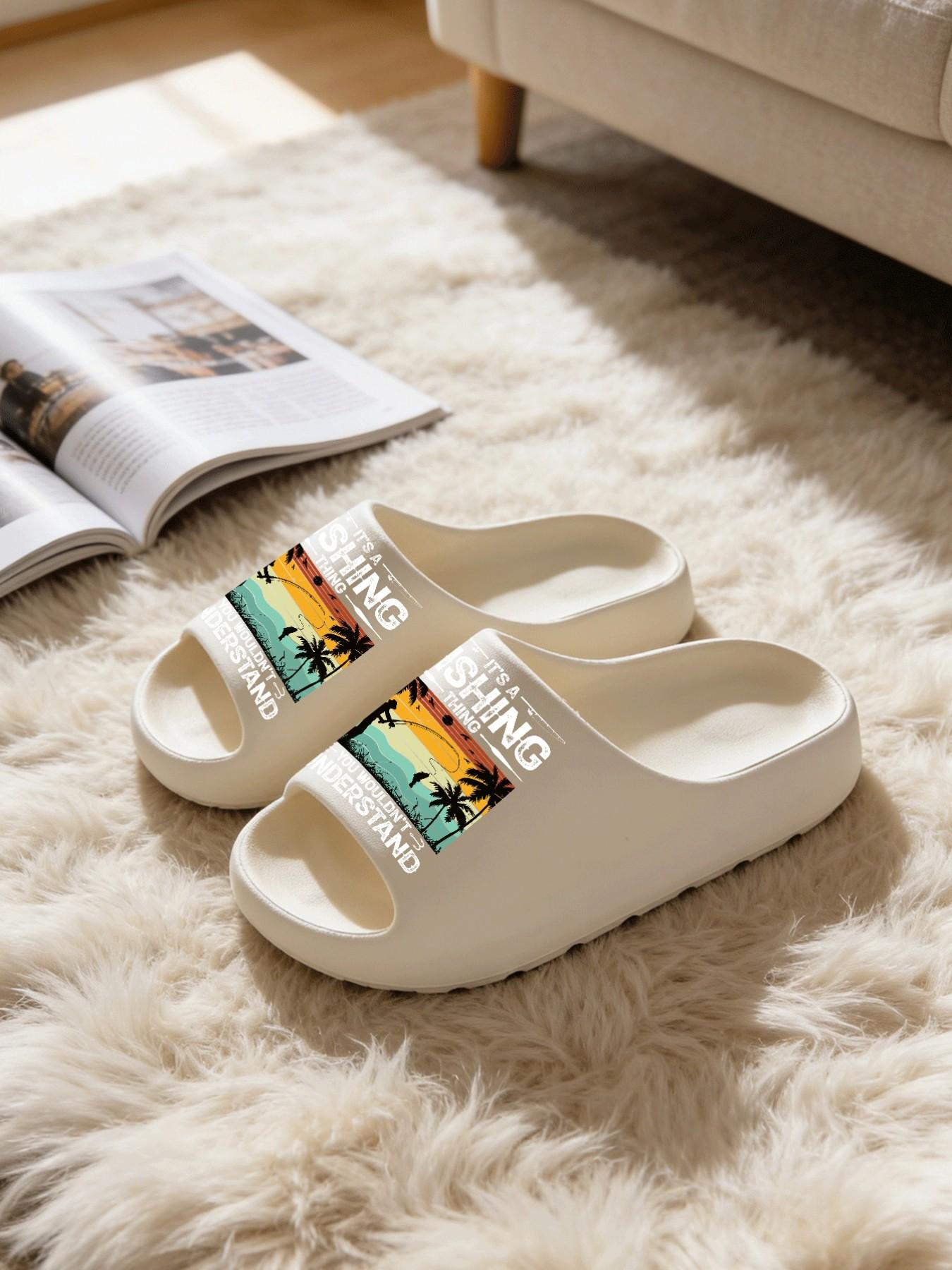 1 Pair Fishing Themed Letter Printed Thick Sole Slippers, American Retro Outdoor Style, Non-slip Soft Sole Open Toe Slides, Indoor & Outdoor Dual-use Bathroom Slides