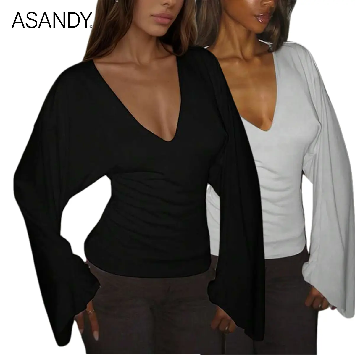 ASANDY Women's 2-Pack Polyester-Spandex Deep V-Neck Long Bell Sleeve Knit Tops, Chic Ruched Waist, Loose Fit, Everyday Casual Plunge T-Shirts