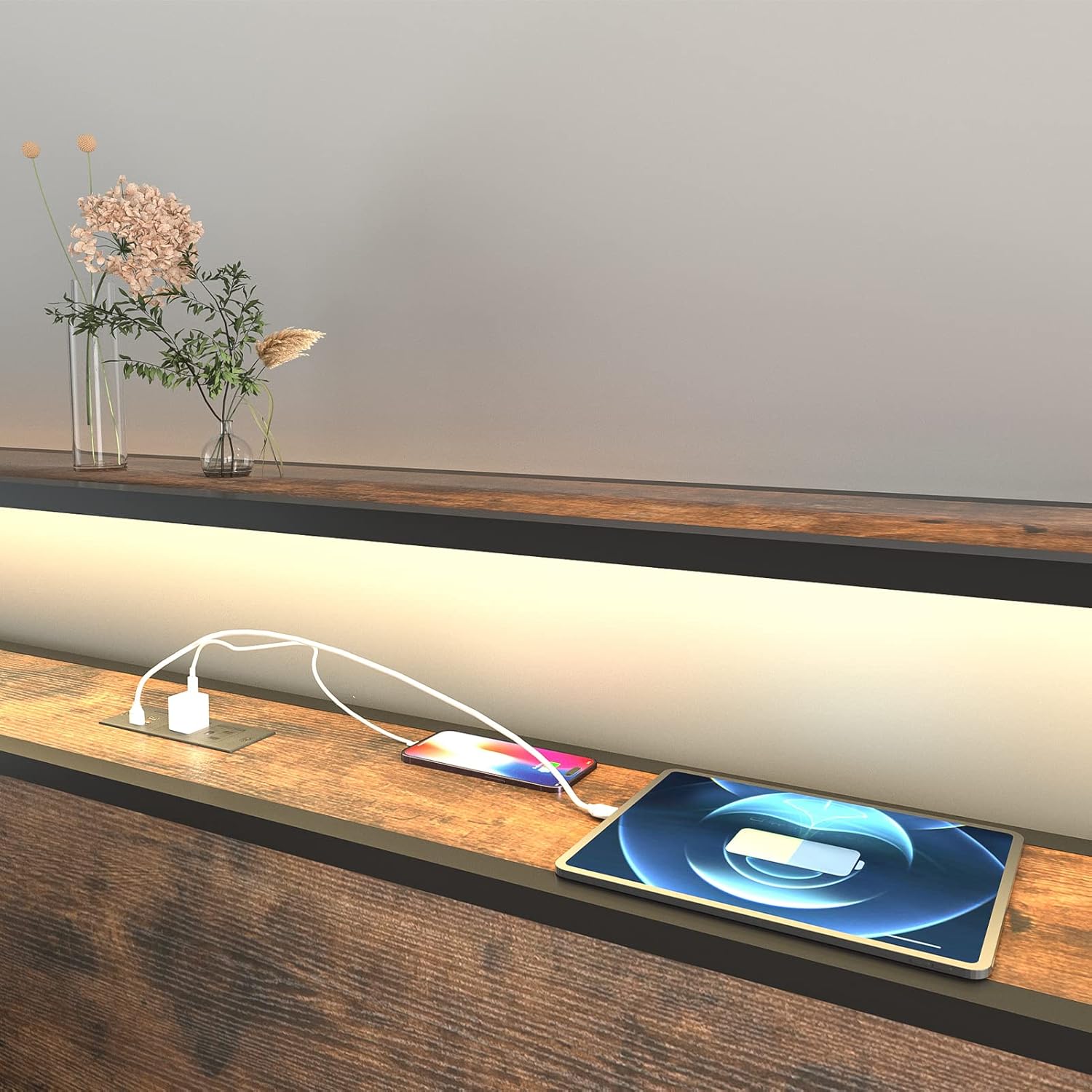 Full/Queen/King Bed Frame with Storage Drawers - Led Lights and Charging Station Metal Bed Frame with Headboard, No Box Spring Platform Bed Frame Wood, Vintage Brown/Brown/Rustic Brown