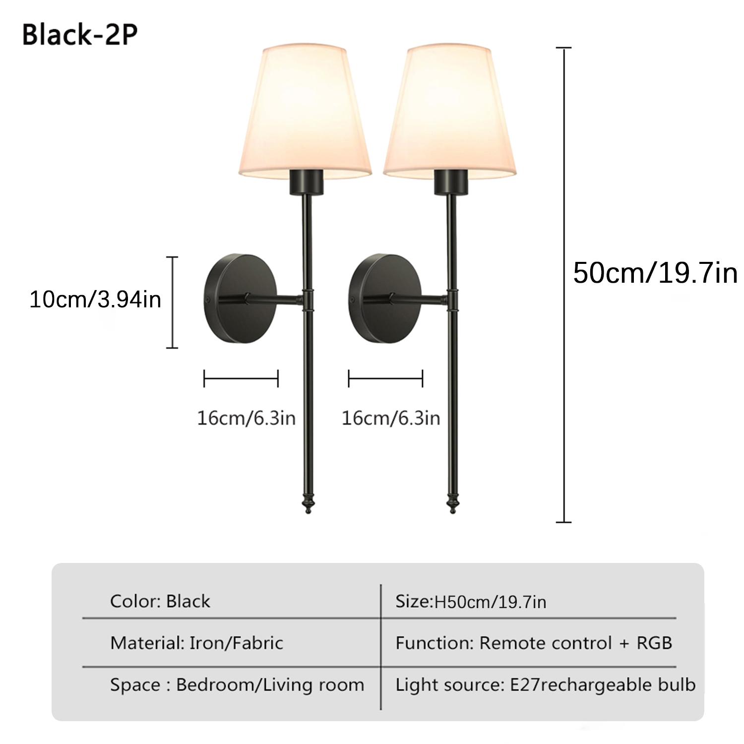 2PC Battery-Operated Wall Sconces with Fabric Shade, Rechargeable LED Wall Lights Set of 2, Decorative Wall Light, Dimmable Wireless Lamp with 3 Color Temperature, 12 RGB and Remote for Bedroom Living Room Hallway Adjustable Leds