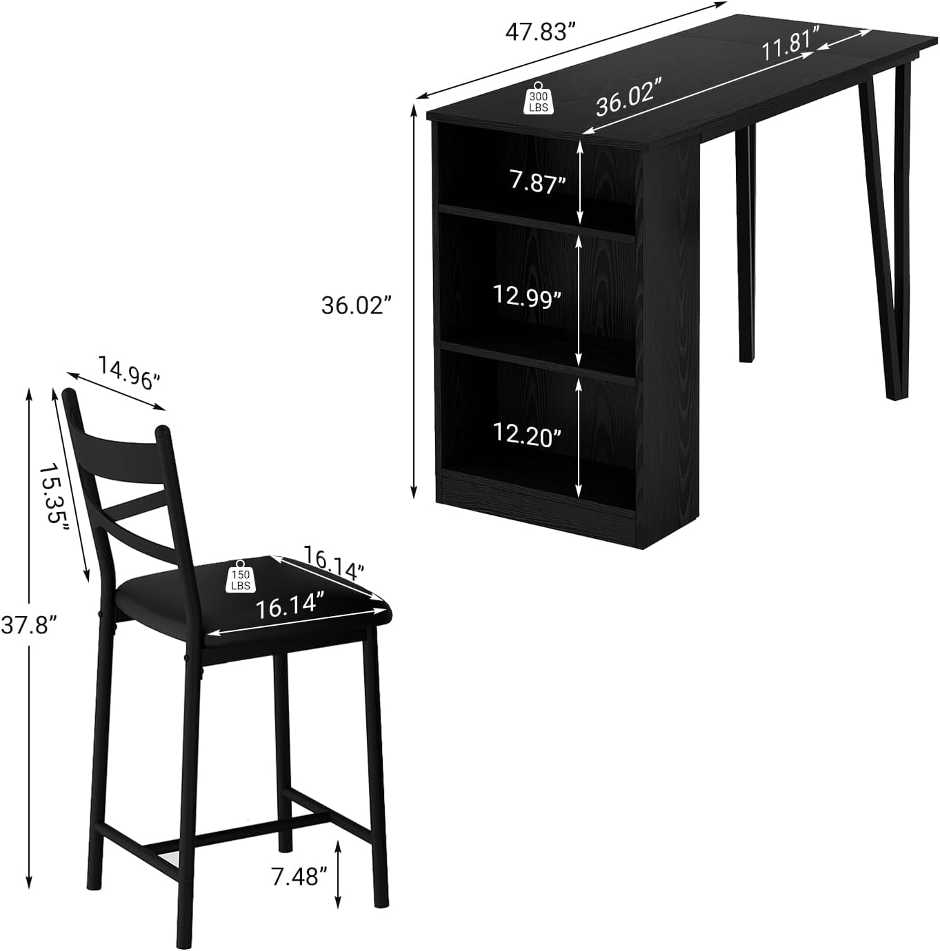 3-Piece Dining Table Set, Counter Height Kitchen Table Set for 2 with 3 Storage Shelves, Expandable Bar Table with 2 Cushioned Chairs for Small Spaces, Apartment 3-Piece Dining Table Set, Counter Height Kitchen Table Set for 2 with 3 Storage Shelves, Expandable Bar Table with 2 Cushioned Chairs for Small Spaces, Apartment