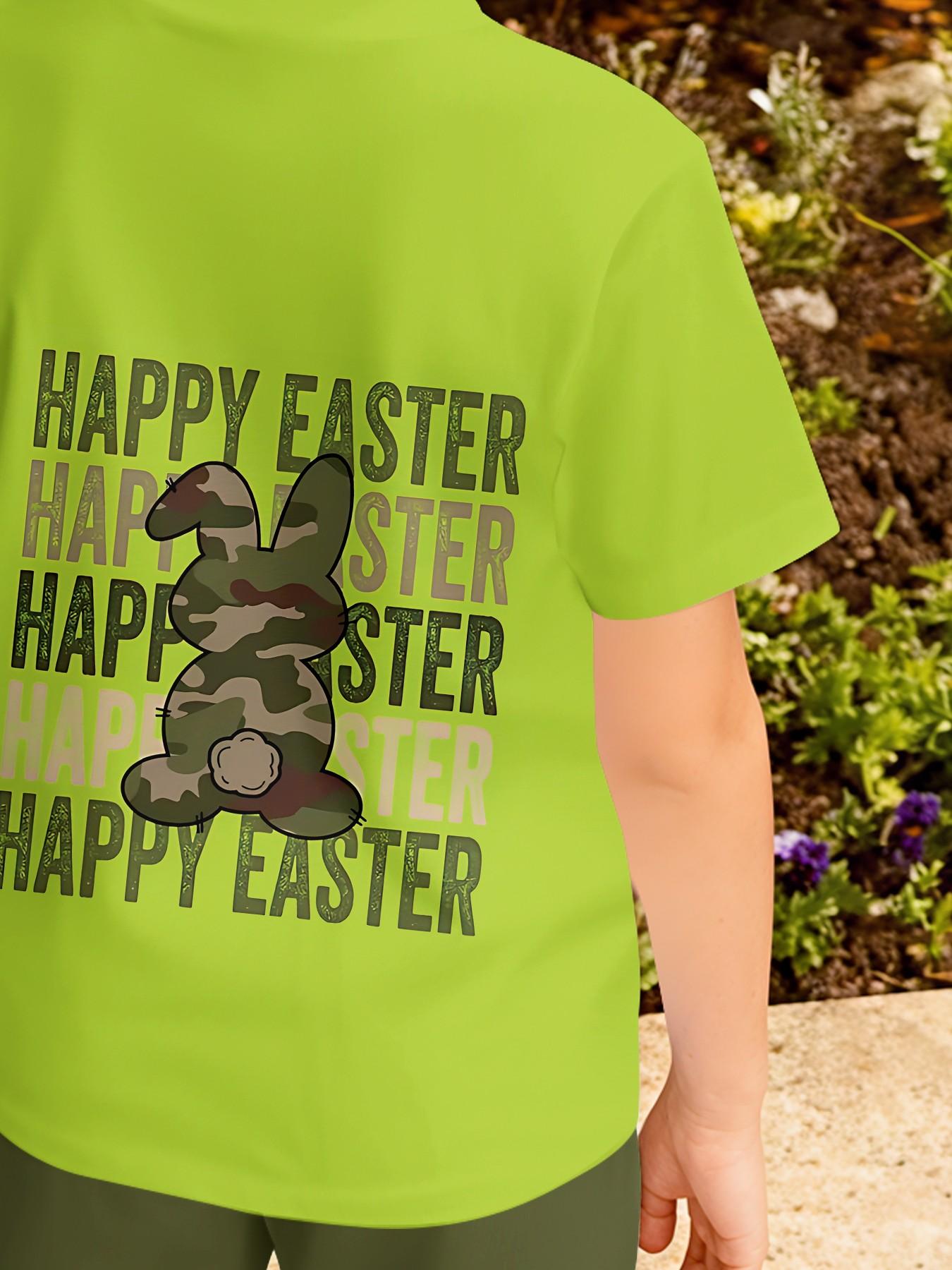 Fluorescent Green Camouflage Rabbit HAPPY EASTER Two-Piece Short Sleeve and Shorts Set, 100% Polyester Casual Loose Outfit, Summer Fun Printed Pattern, Outdoor Sports T-Shirt Set, Perfect Gift for Boys