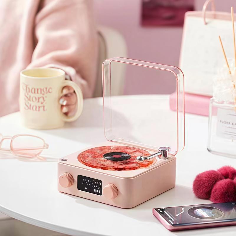 Wireless Retro Bluetooth-compatible Speaker, Rechargeable Vinyl Record Player with Alarm Clock & Ambient Light, Multifunctional Desktop Speaker for Home Office