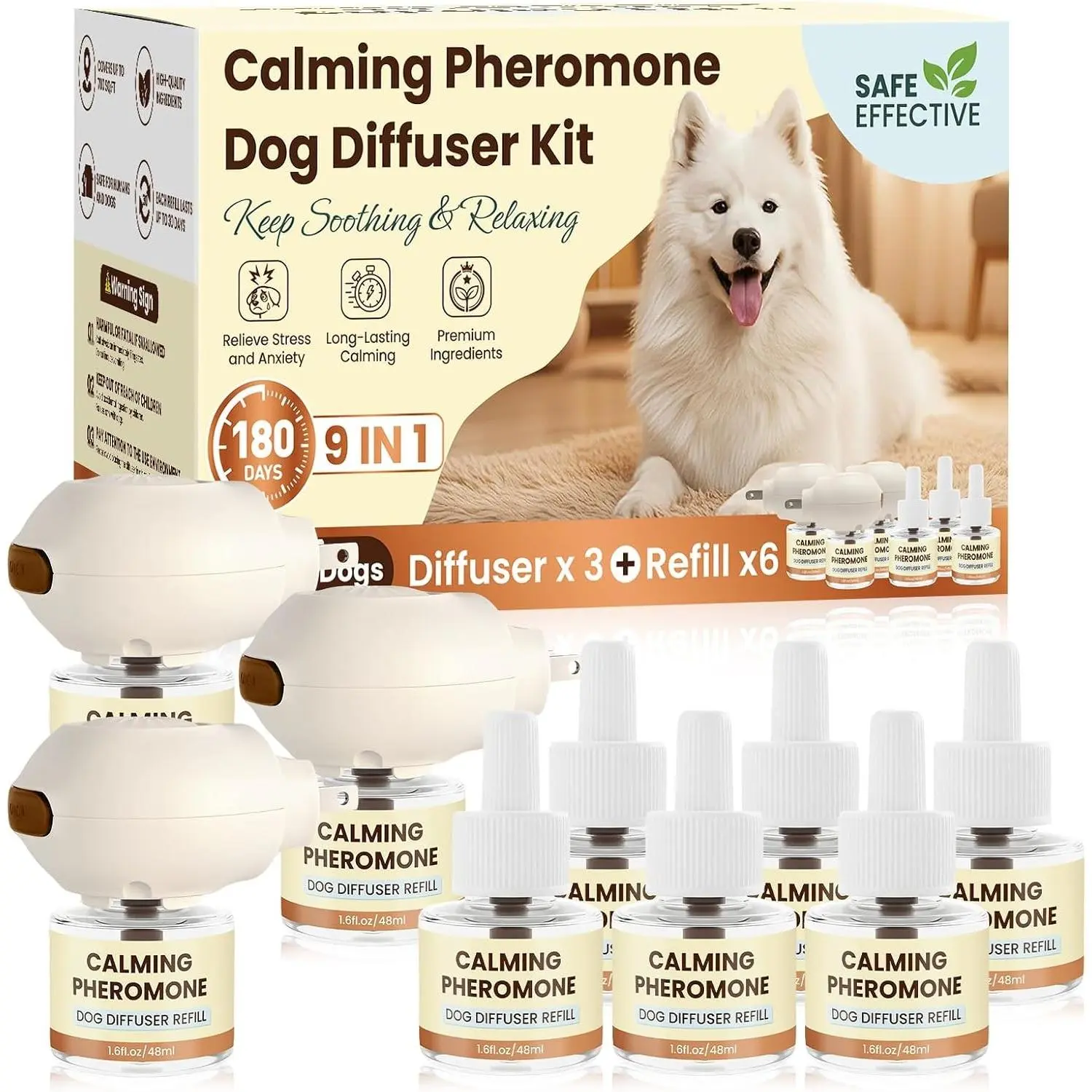 Dog Calming Pheromone Diffuser 9-in-1 Kit with 3 Diffusers and 6 Refills for Stress, Barking, Chewing, Aggression and Separation Anxiety Relief, 180-Day Odorless Supply