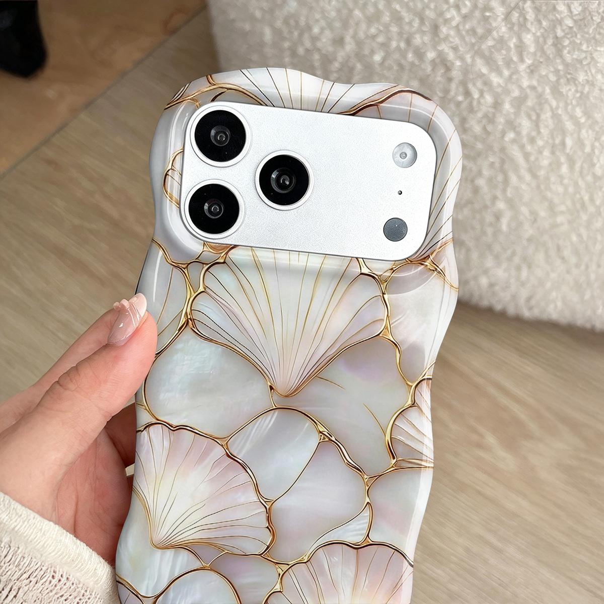 Shockproof Protective Smartphone Case for 6.1-6.7" Phones, Dual PC+TPU Blend with 2D Pearl Shell Ginkgo Leaf Golden Line Print, Marble Design, Camera Cover, Wavy Curved Raised Edges, Glossy Finish, Non-Slip, Easy Installation, Aesthetic Boost