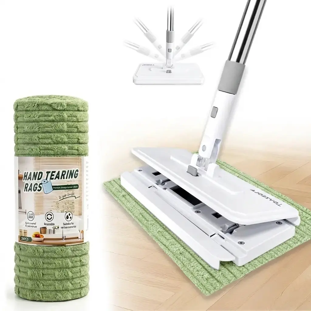 Hands-Free Clip Flat Mop – Floor Cleaning Tool with 1-Button Clamp, 39.4-Inch Adjustable Handle, Compatible with Most Cleaning Cloths & Face Towels, Broom Combo