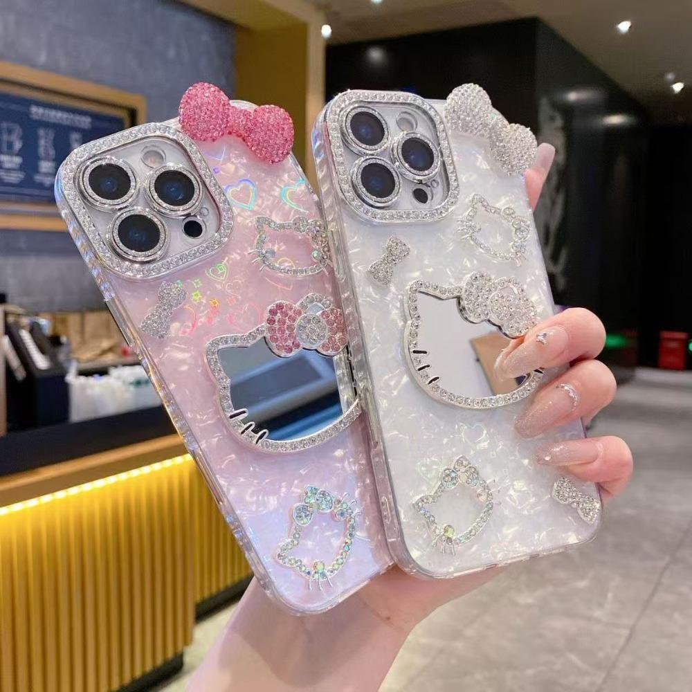 Trendy Cute Shell Pattern Sparkling Cat Mirror Phone Case For iPhone 17 16 15 14 13 12 Pro Max Plus Fashion Protective Cover