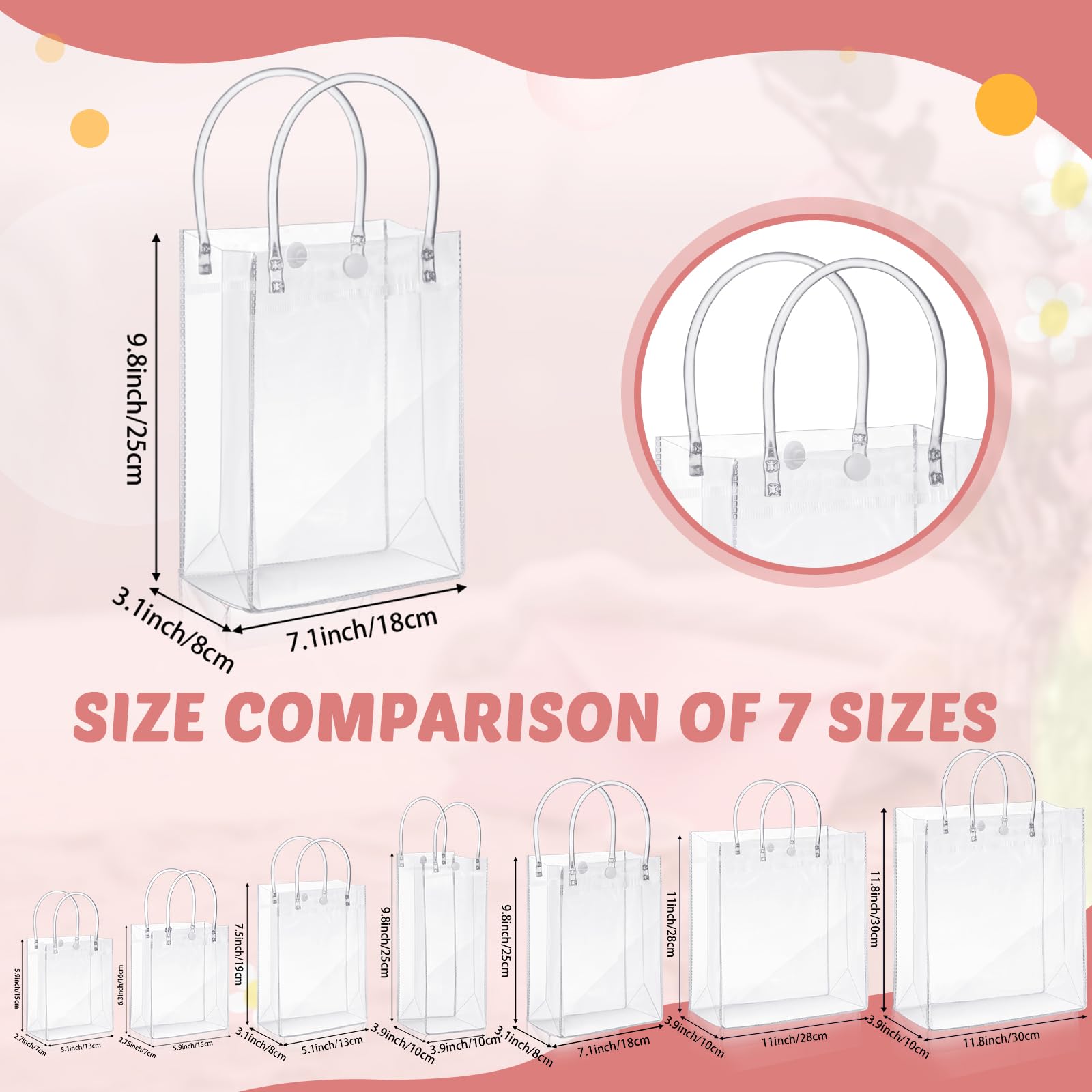 50 pcs Wedding Clear Plastic Gift Bags with Handles PVC Reusable Goodie Bags Transparent Totes Bags for Candy Flower Wedding Graduation Back to School End of Year Birthday Galentine Party