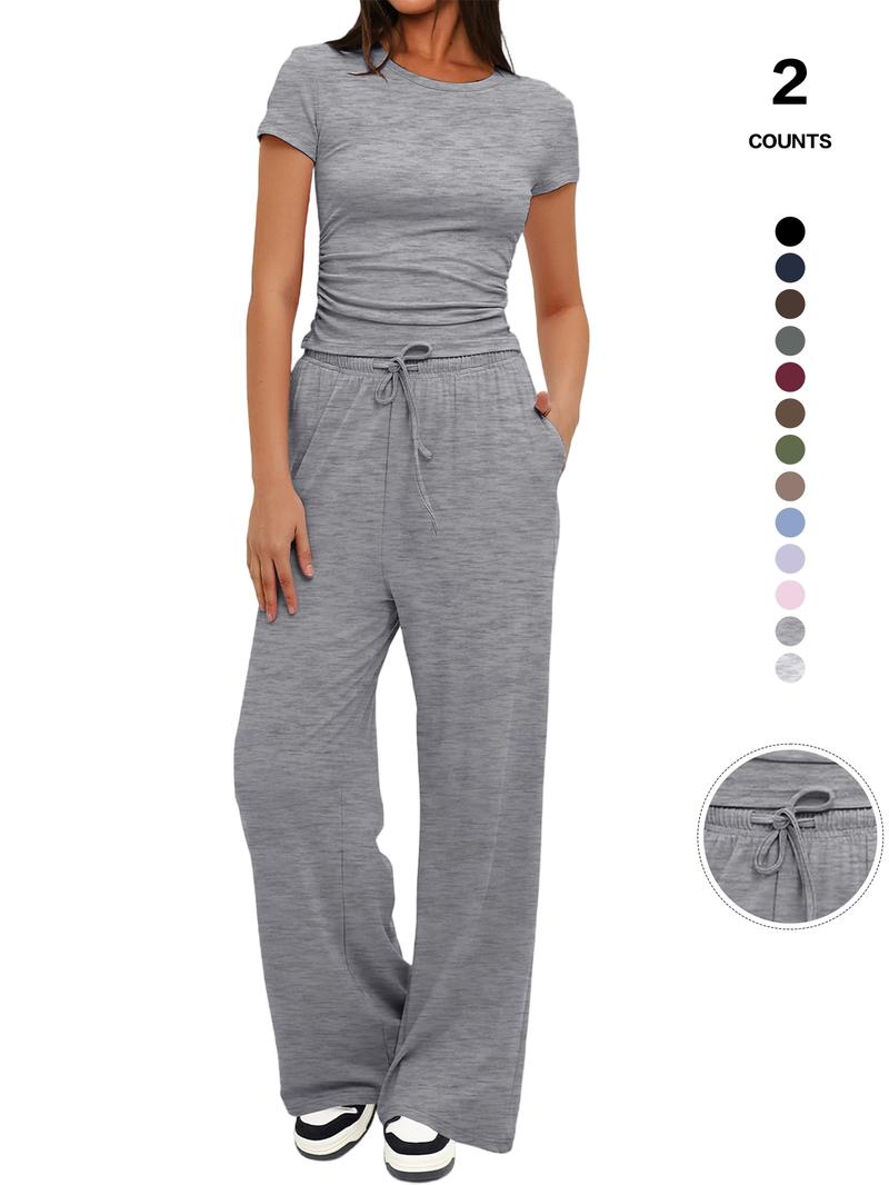 Women's Spring Summer Casual Set, Round Neck Short Sleeve Top & Wide Leg Pants, Slim Fit Home Wear, 2 Piece, Ruched Design, Drawstring