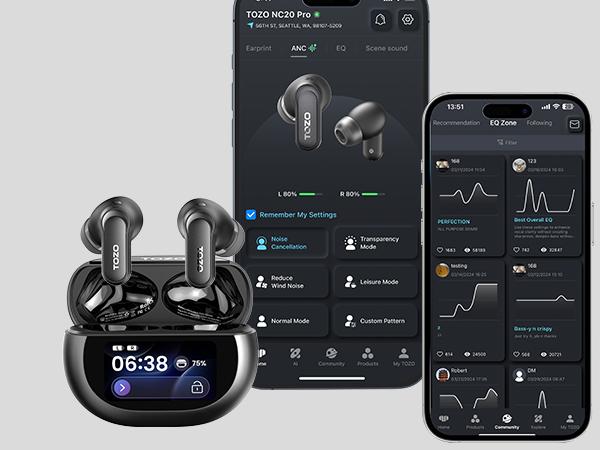 TOZO NC20 Pro Active Noise Cancelling Wireless Earbuds with Smart Touch Screen, LDAC Hi-Res Audio, Stereo Bass, 6 Mics AI Call Ear Buds, 80H Playtime, IPX8 Waterproof, 32 EQ via App, Wireless Charging TOZO NC20 Pro Active Noise Cancelling Wireless Earbuds with Smart Touch Screen, LDAC Hi-Res Audio, Stereo Bass, 6 Mics AI Call Ear Buds, 80H Playtime, IPX8 Waterproof, 32 EQ via App, Wireless Charging