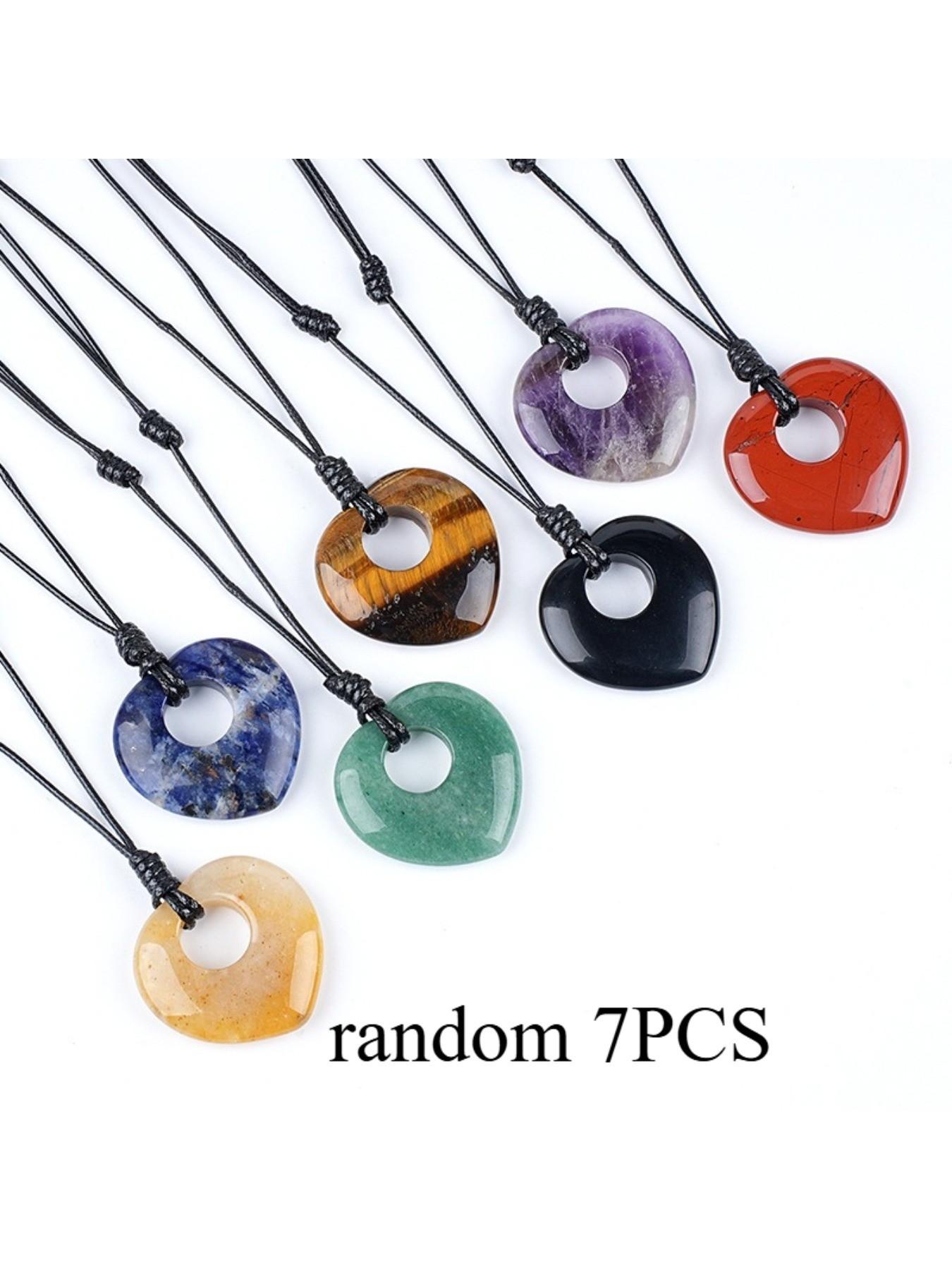 Random 7pcs Natural Stone Heart Necklace Set, Vintage Handmade Adjustable, Natural Crystal Original Stone Heart Pendant