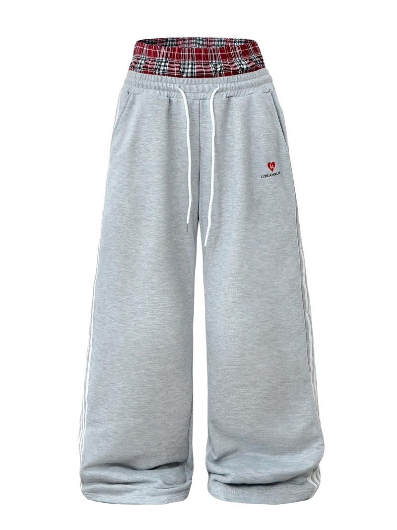 Men's Baggy Sweatpants High Waisted with Plaid Waistband, Trendy Wide Leg Lounge Pants, Casual Streetwear Joggers with Side Stripes