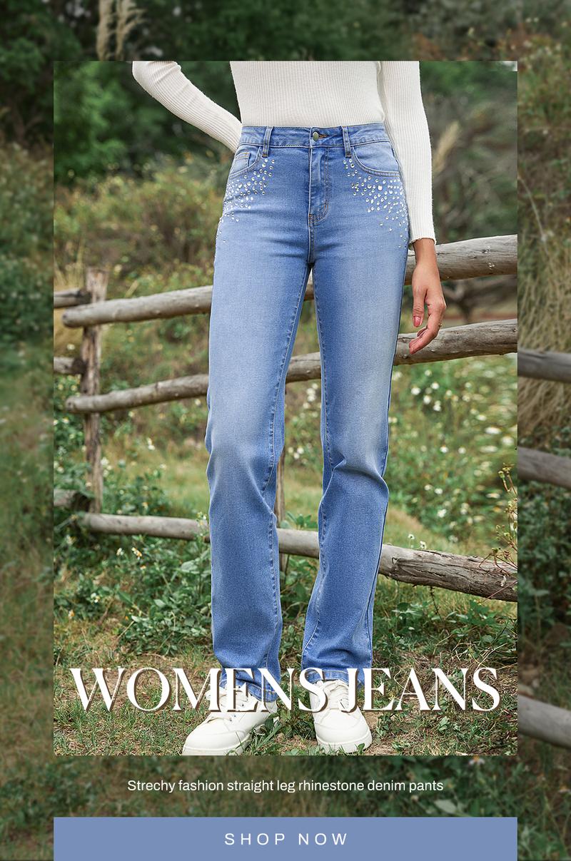 Sidefeel Women's Rhinestone Jeans High Waisted Stretchy Straight Leg Denim Wide Leg Pants TikTokShopBlackFriday