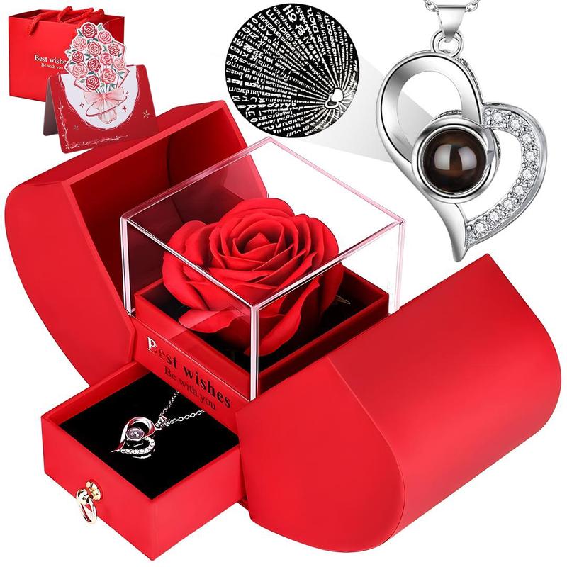 Rose Party Gift Box with Love Heart Necklace, 1 Set Romantic Rose Gift Box with “I Love You” Jewelry Necklace, Gift for Mom, Wife or Girlfriend, Birthday Gift