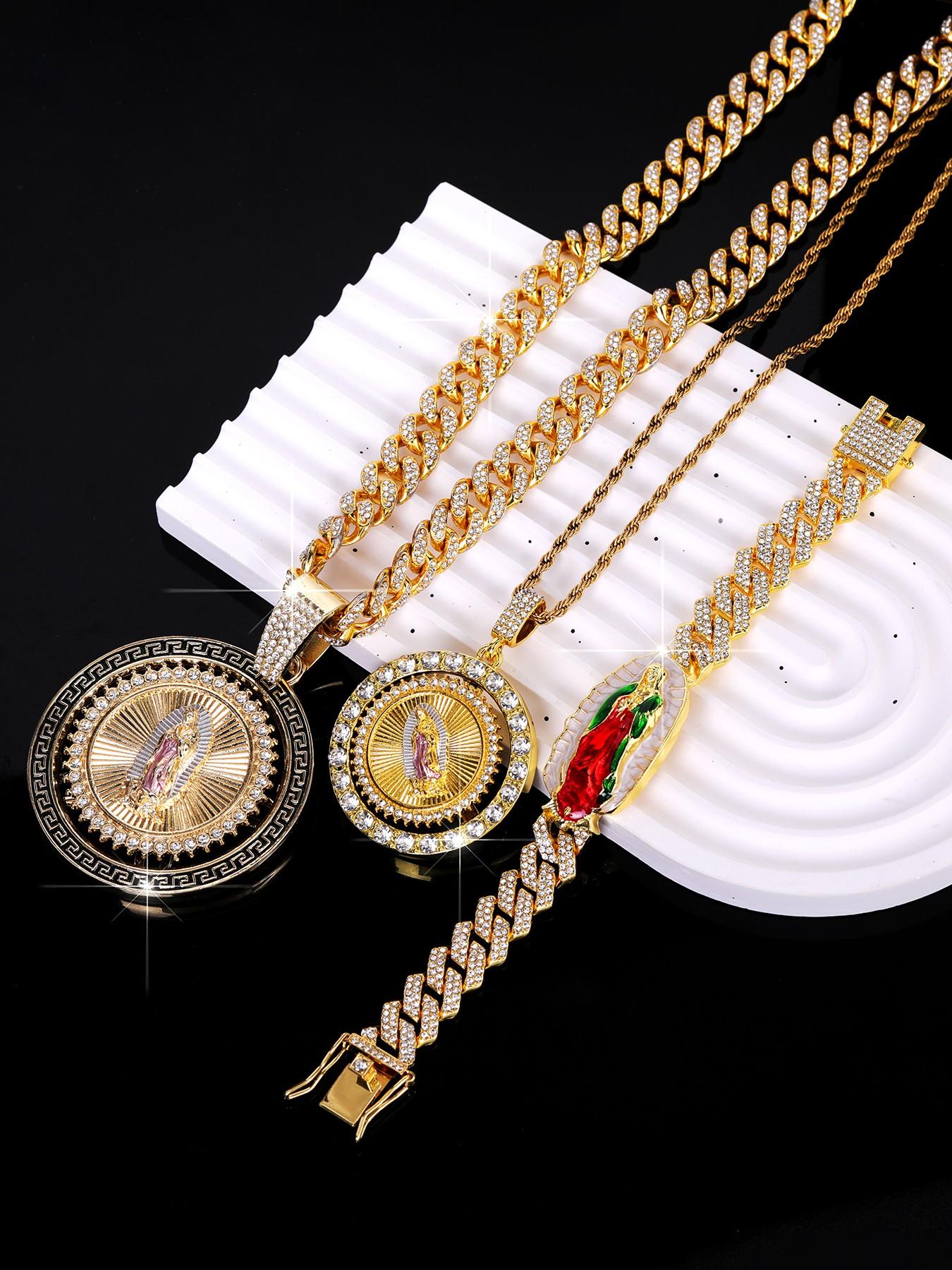 3pcs/set Men's Jewelry, Hip Hop Style Virgin Mary Pendant, Stacking Necklace & Bracelet Set, Iced Out Blingbling, Punk Style Accessory